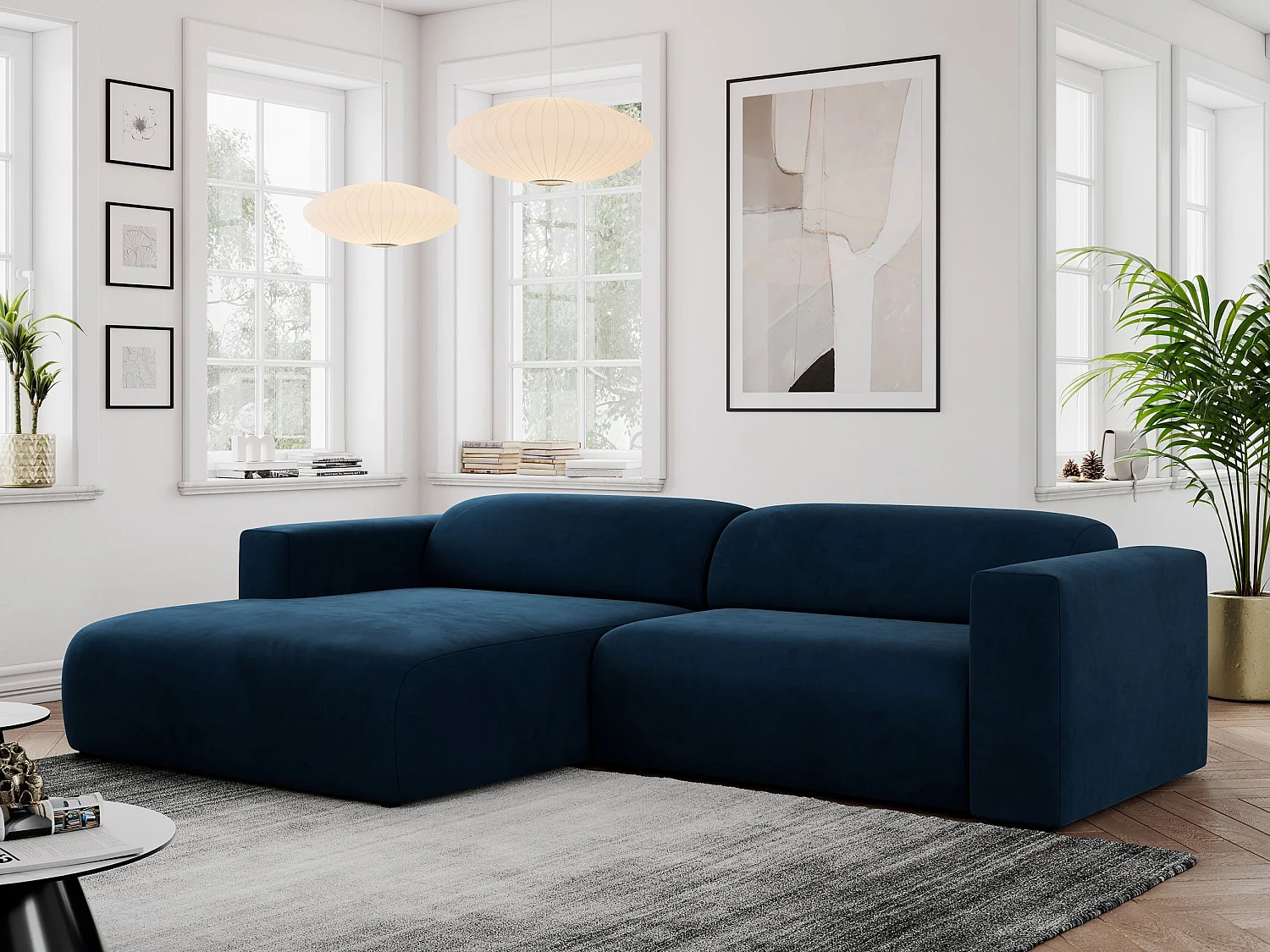 Ecksofa PASADENA - mit Armlehnen, Wohnlandschaft, freistehendes Sofa, große Ecke - Dunkelblau Velvet - Ecke Links