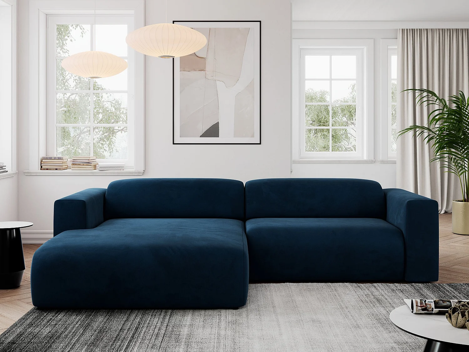 Ecksofa PASADENA - mit Armlehnen, Wohnlandschaft, freistehendes Sofa, große Ecke - Dunkelblau Velvet - Ecke Links
