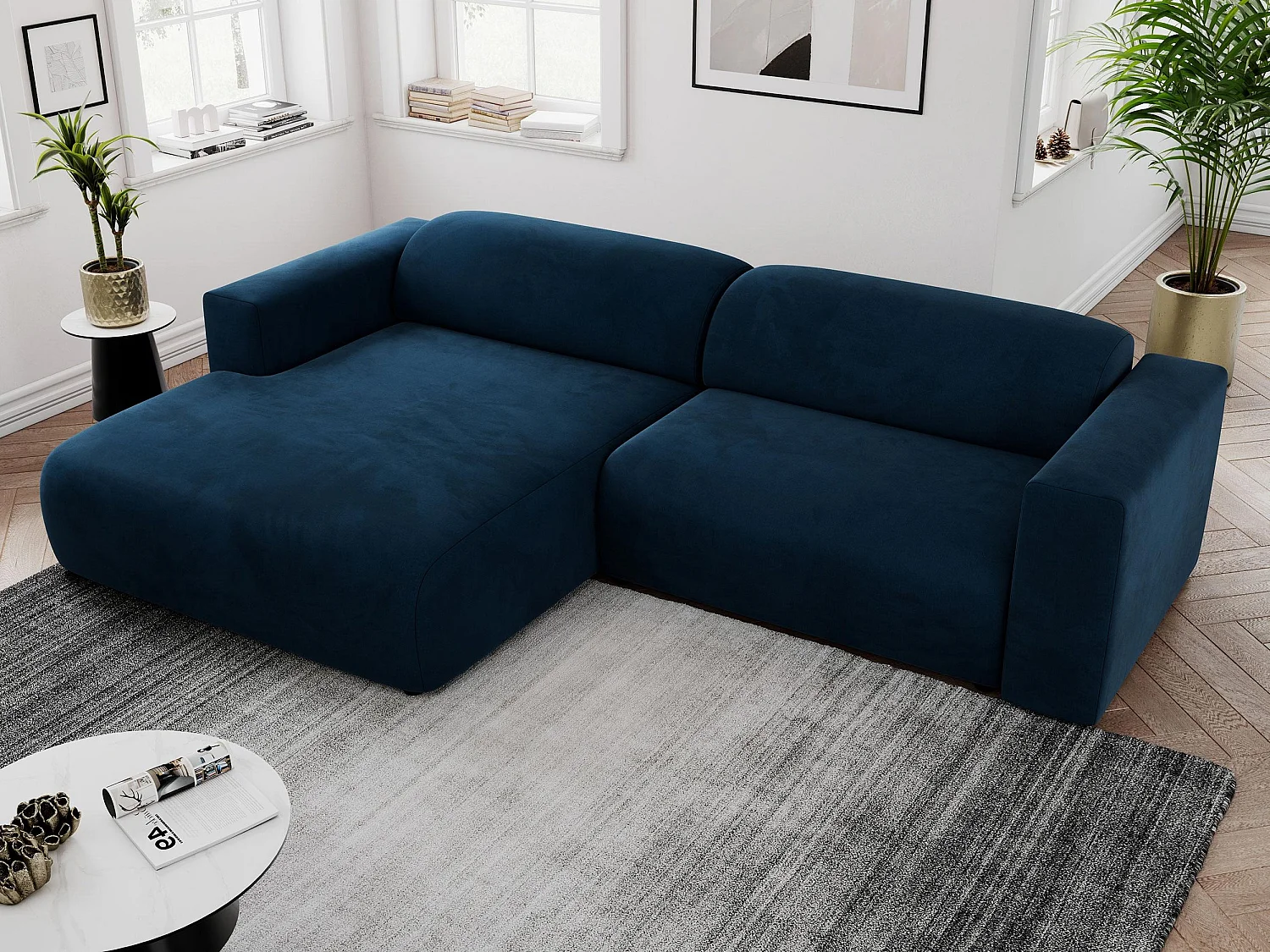 Ecksofa PASADENA - mit Armlehnen, Wohnlandschaft, freistehendes Sofa, große Ecke - Dunkelblau Velvet - Ecke Links