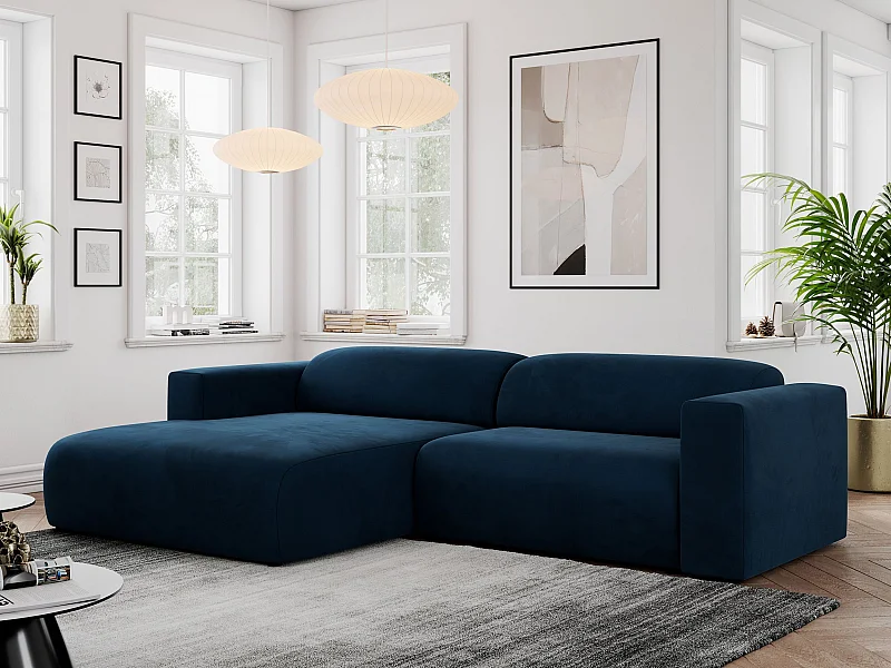 Ecksofa PASADENA - mit Armlehnen, Wohnlandschaft, freistehendes Sofa, große Ecke - Dunkelblau Velvet - Ecke Links