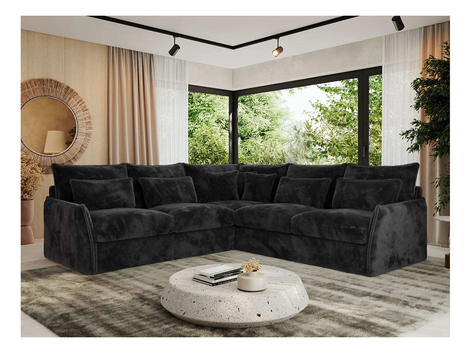 Ecksofa VERSO - modulare L-förmige Ecke, lose Kissen, Wohnlandschaft - Dunkelgrau Plüsch