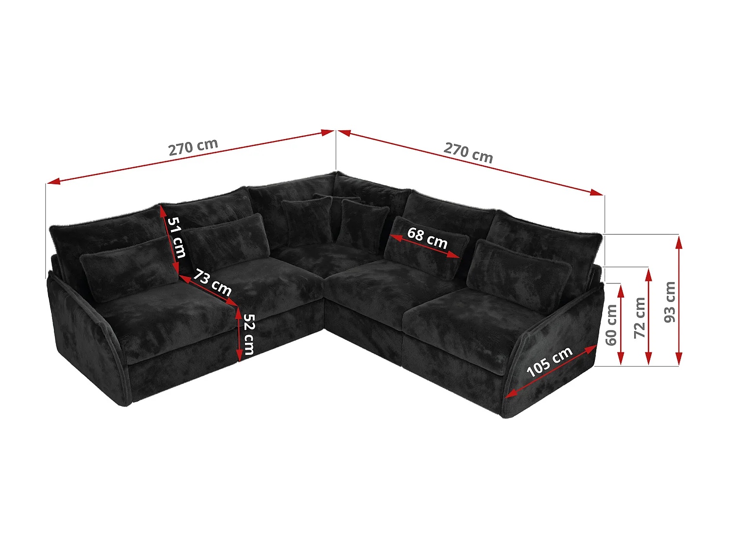 Ecksofa VERSO - modulare L-förmige Ecke, lose Kissen, Wohnlandschaft - Dunkelgrau Plüsch