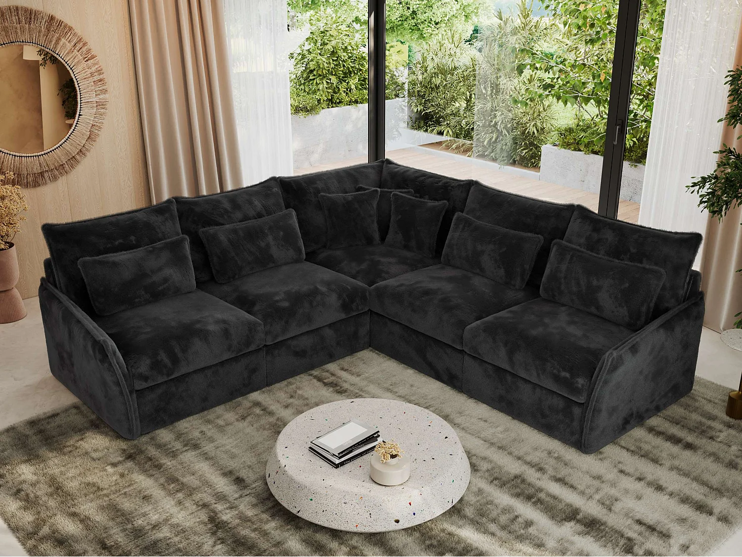 Ecksofa VERSO - modulare L-förmige Ecke, lose Kissen, Wohnlandschaft - Dunkelgrau Plüsch