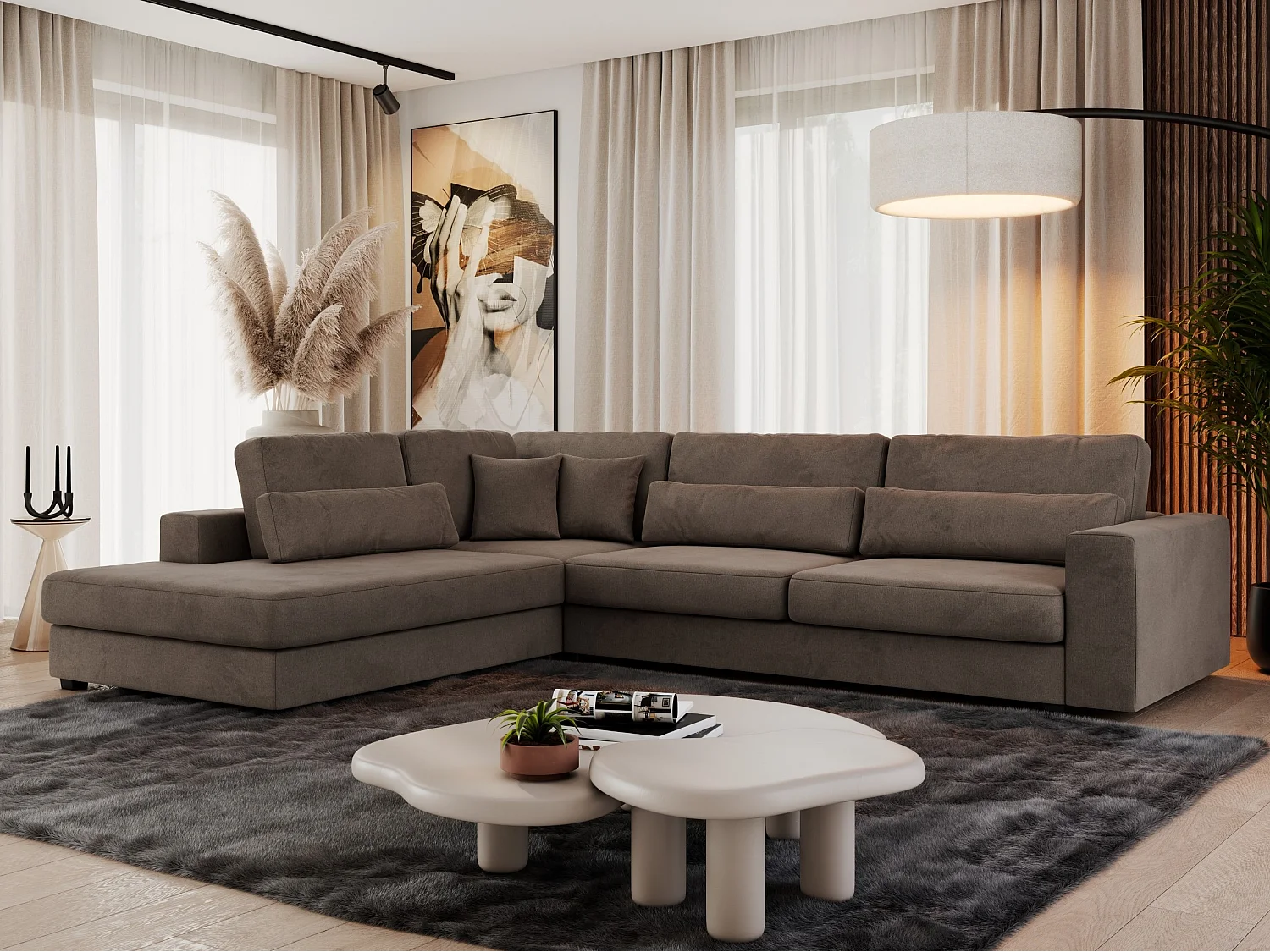 Ecksofa SAVONA - mit Armlehnen, lose Kissen, große L-förmige Ecke, Wohnlandschaft - Braun Velvet - Ecke Links