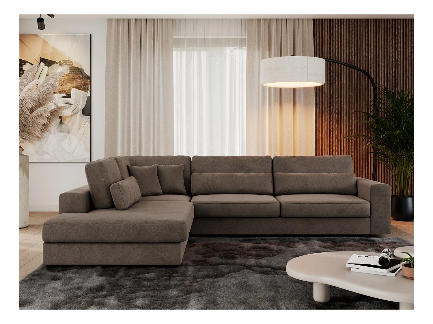 Ecksofa SAVONA - mit Armlehnen, lose Kissen, große L-förmige Ecke, Wohnlandschaft - Braun Velvet - Ecke Links