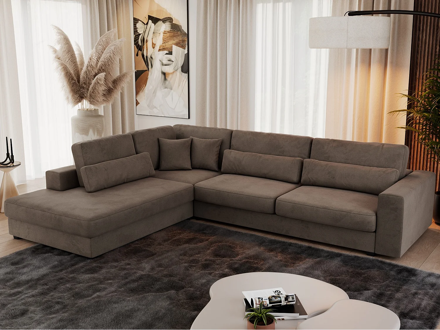 Ecksofa SAVONA - mit Armlehnen, lose Kissen, große L-förmige Ecke, Wohnlandschaft - Braun Velvet - Ecke Links
