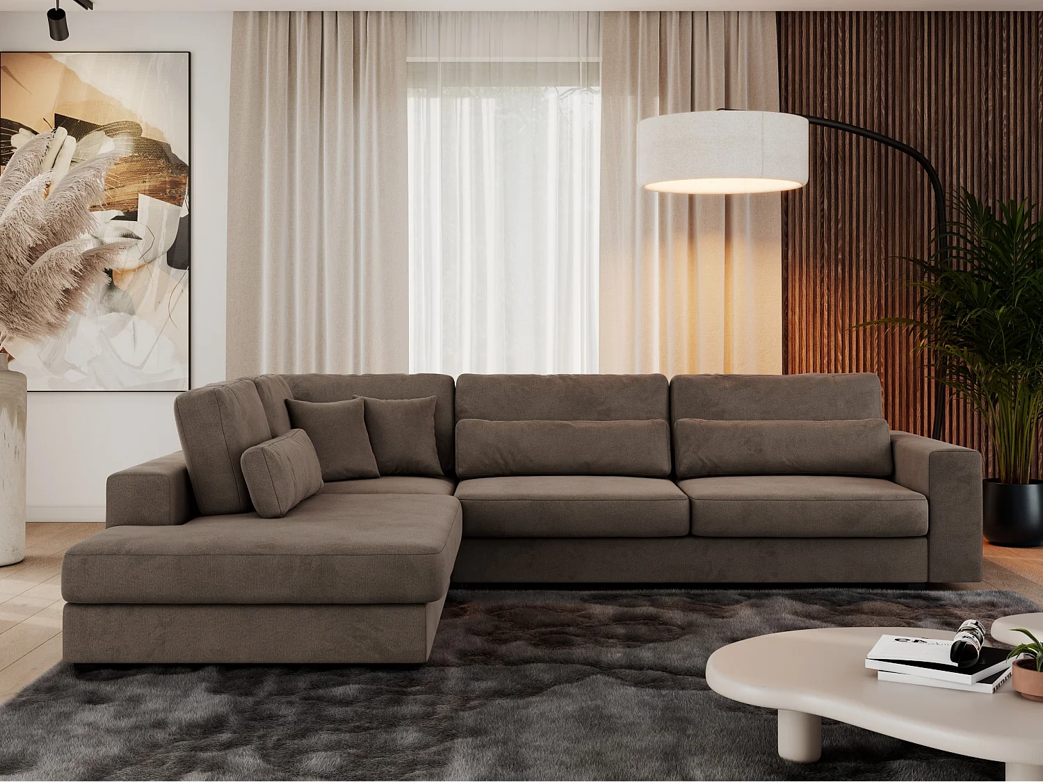 Ecksofa SAVONA - mit Armlehnen, lose Kissen, große L-förmige Ecke, Wohnlandschaft - Braun Velvet - Ecke Links