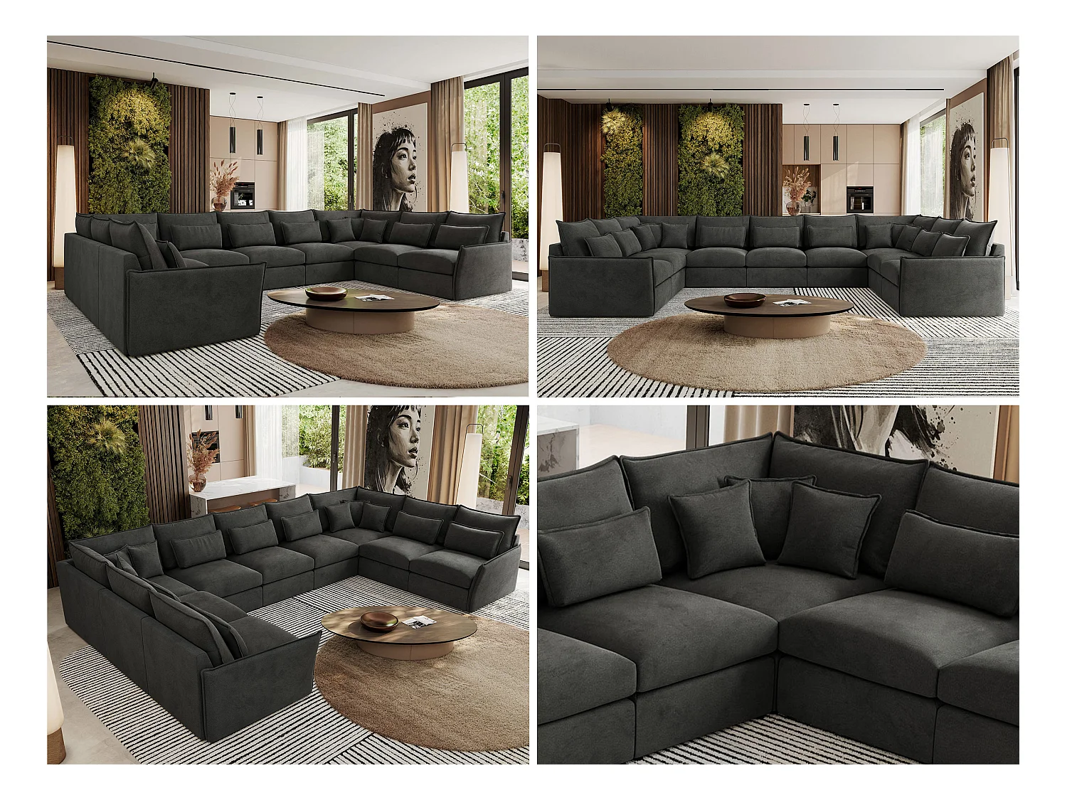 Ecksofa VERSO U9M - XXL Wohnlandschaft Ecke, modulare, Armlehnen und lose Kissen - Dunkelgrau Velvet