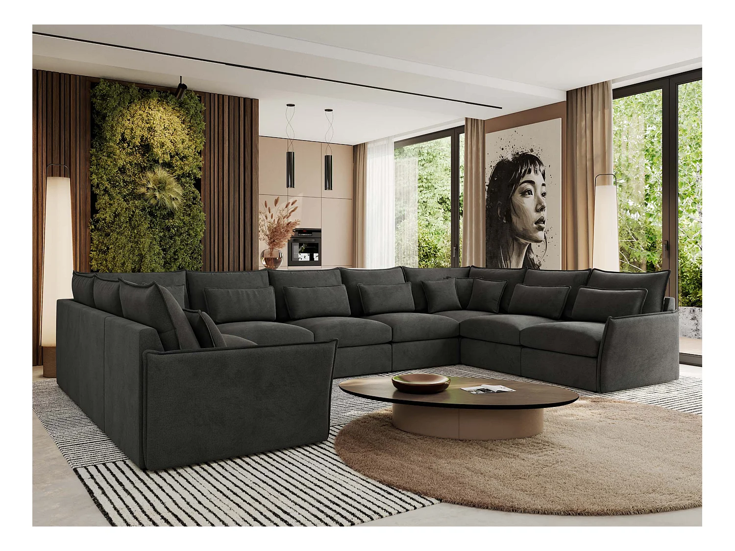 Ecksofa VERSO U9M - XXL Wohnlandschaft Ecke, modulare, Armlehnen und lose Kissen - Dunkelgrau Velvet