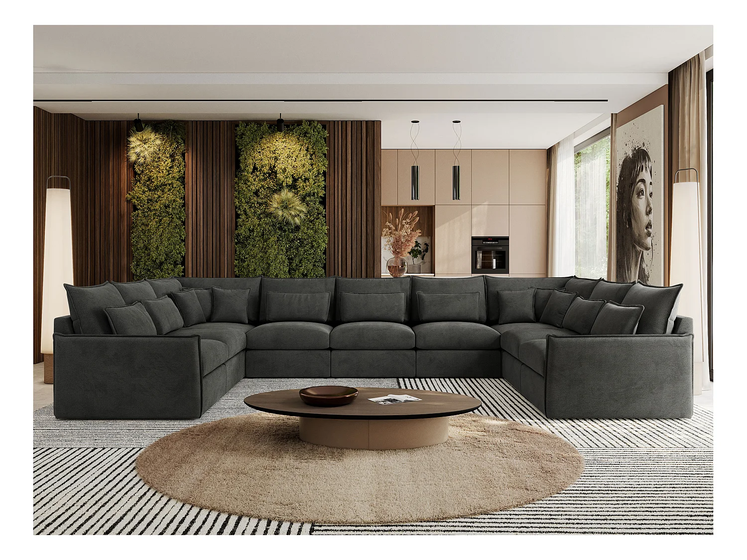 Ecksofa VERSO U9M - XXL Wohnlandschaft Ecke, modulare, Armlehnen und lose Kissen - Dunkelgrau Velvet