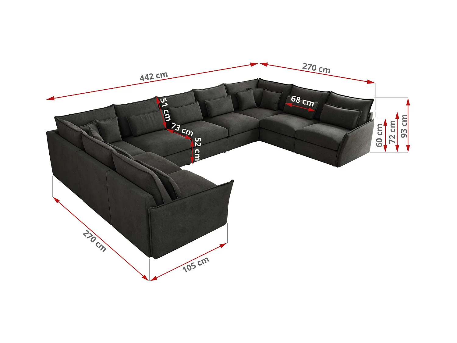 Ecksofa VERSO U9M - XXL Wohnlandschaft Ecke, modulare, Armlehnen und lose Kissen - Dunkelgrau Velvet