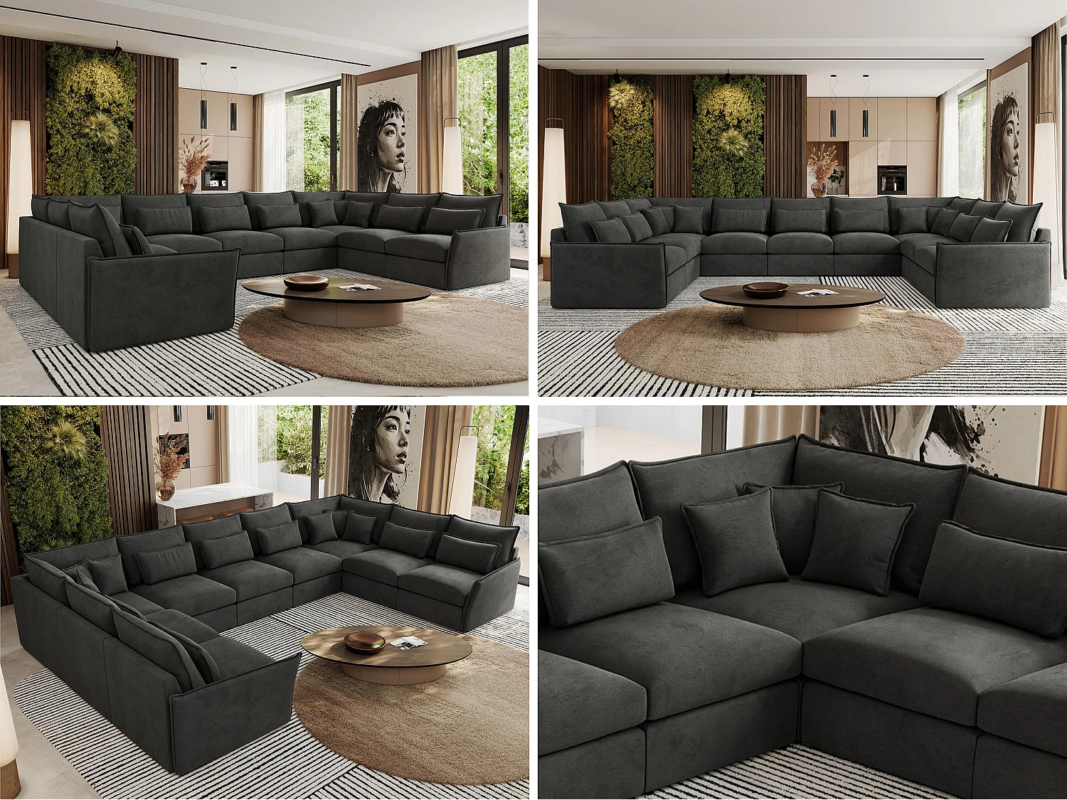 Ecksofa VERSO U9M - XXL Wohnlandschaft Ecke, modulare, Armlehnen und lose Kissen - Dunkelgrau Velvet