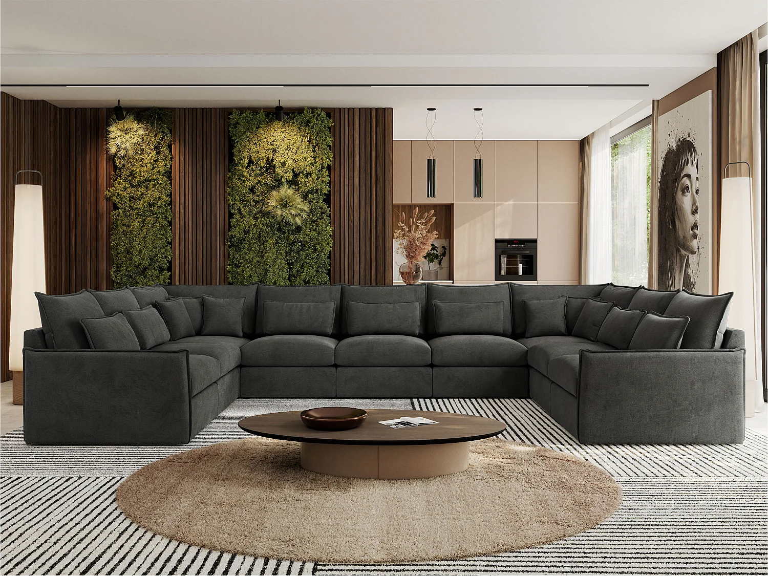 Ecksofa VERSO U9M - XXL Wohnlandschaft Ecke, modulare, Armlehnen und lose Kissen - Dunkelgrau Velvet