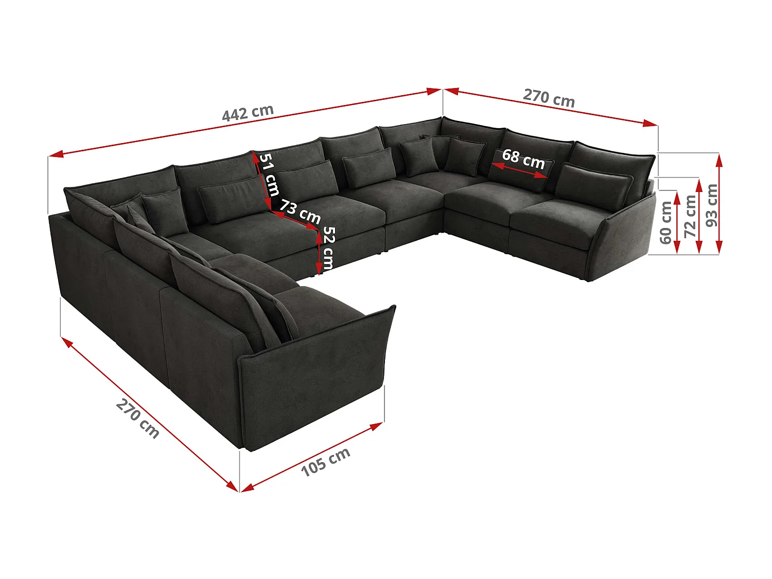 Ecksofa VERSO U9M - XXL Wohnlandschaft Ecke, modulare, Armlehnen und lose Kissen - Dunkelgrau Velvet