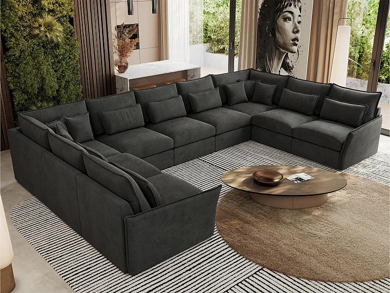 Ecksofa VERSO U9M - XXL Wohnlandschaft Ecke, modulare, Armlehnen und lose Kissen - Dunkelgrau Velvet