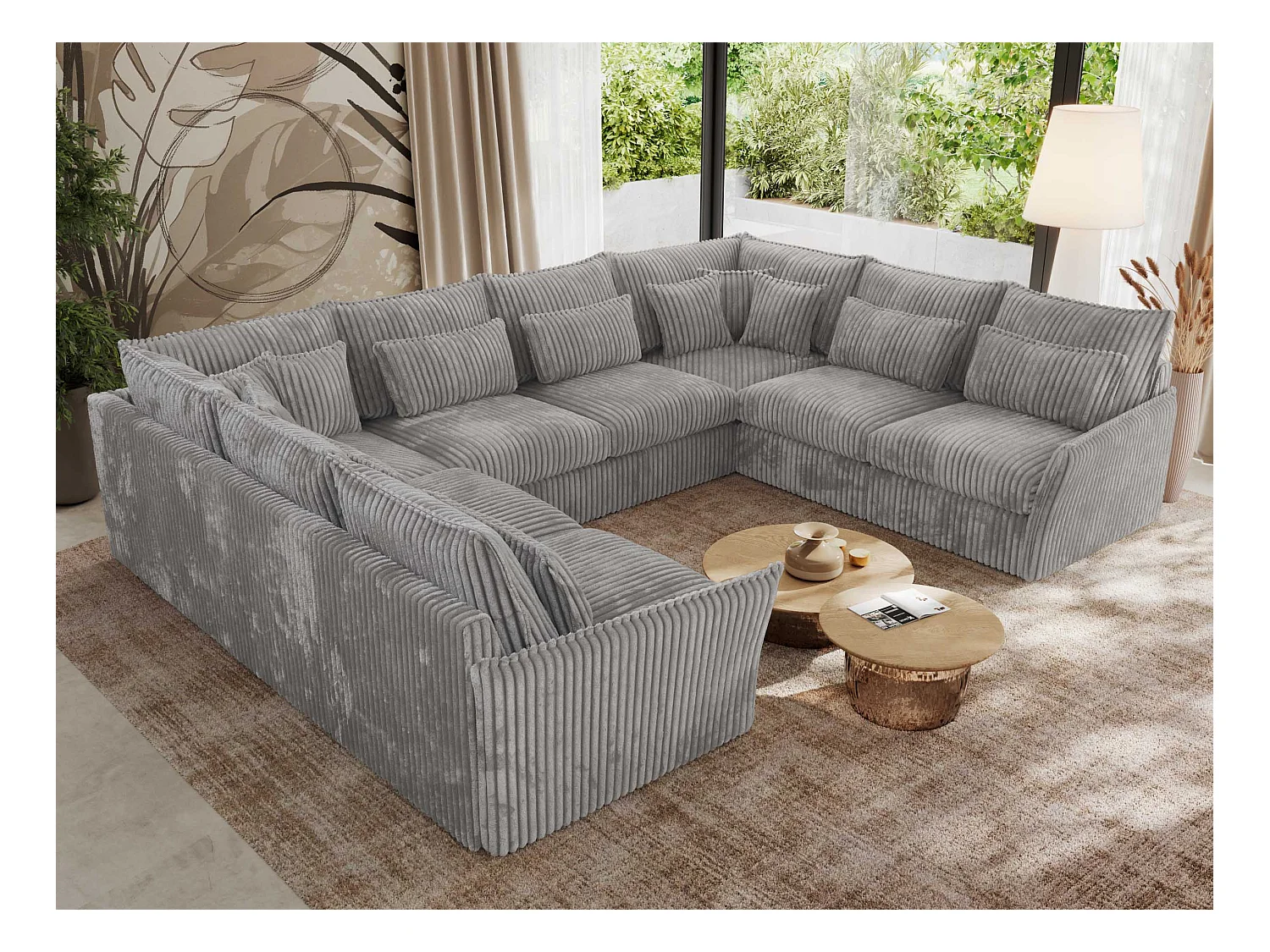 Ecksofa VERSO U8M - modulare U-förmige Ecke mit Armlehnen, Wohnlandschaft, Ecksofa XXL, lose Kissen - Hellgrau Cord