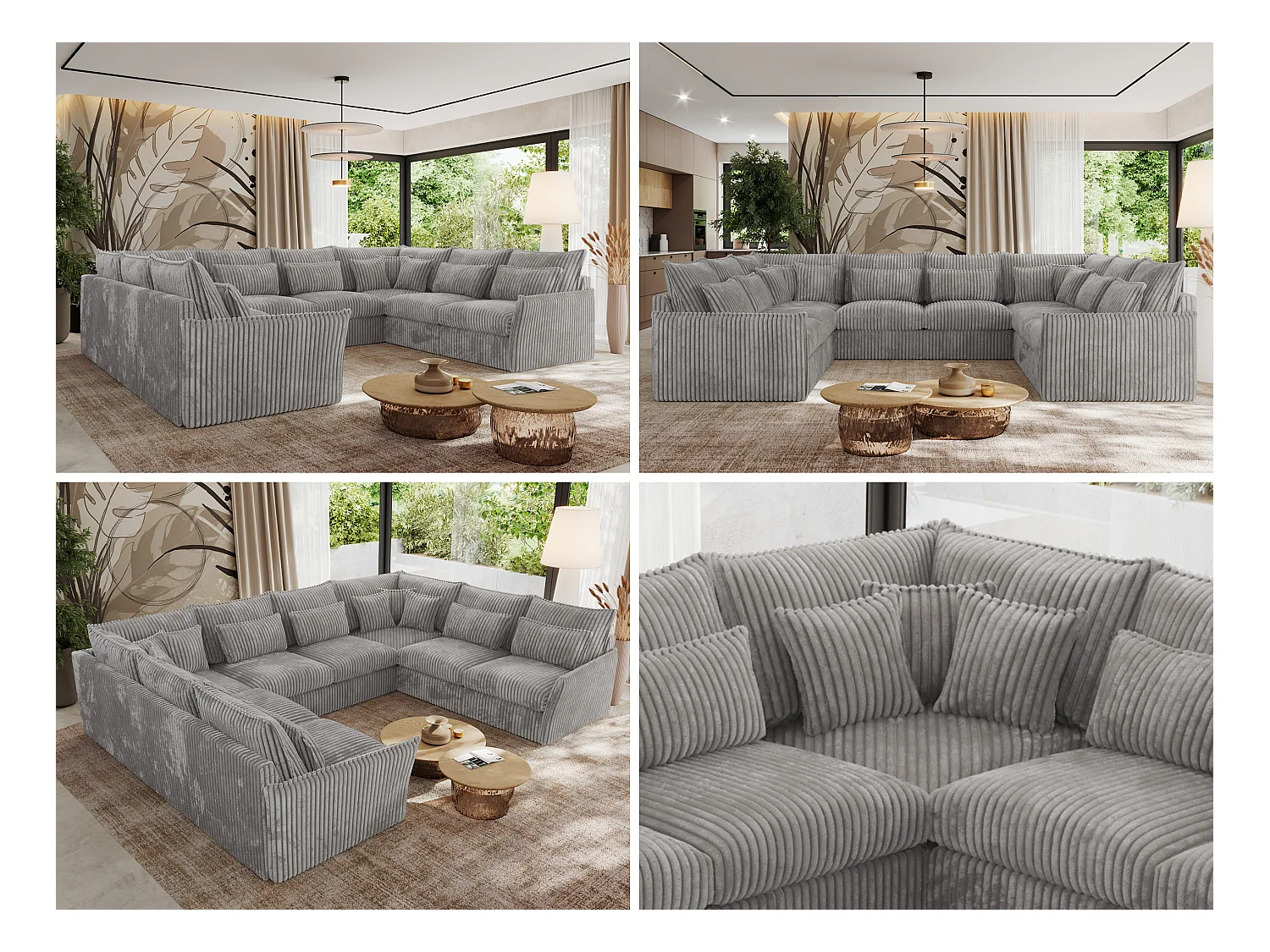 Ecksofa VERSO U8M - modulare U-förmige Ecke mit Armlehnen, Wohnlandschaft, Ecksofa XXL, lose Kissen - Hellgrau Cord