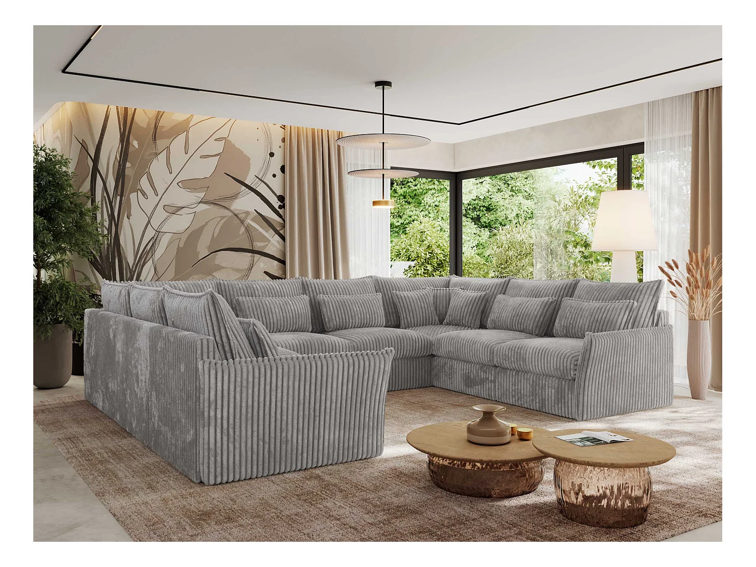 Ecksofa VERSO U8M - modulare U-förmige Ecke mit Armlehnen, Wohnlandschaft, Ecksofa XXL, lose Kissen - Hellgrau Cord