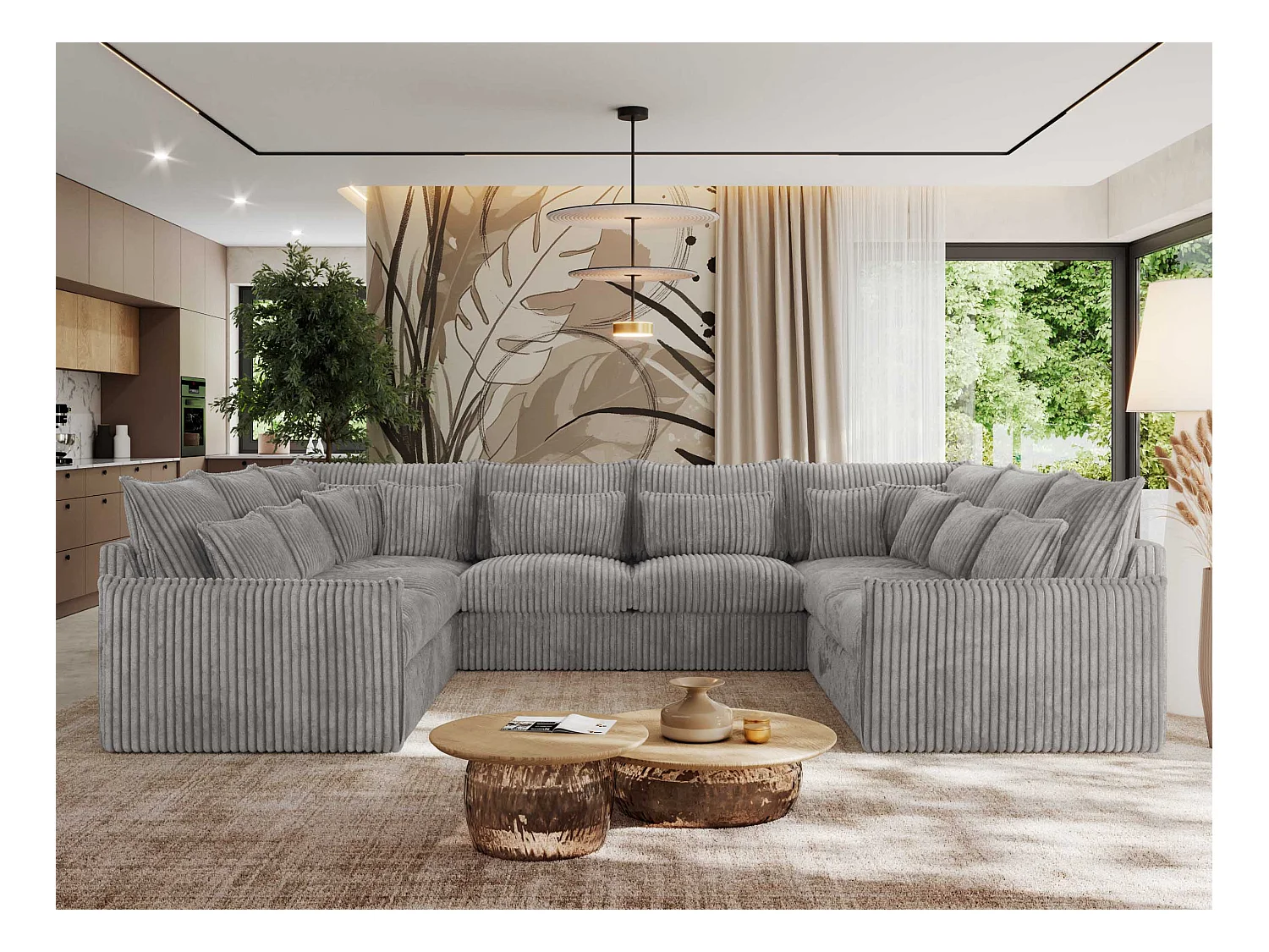 Ecksofa VERSO U8M - modulare U-förmige Ecke mit Armlehnen, Wohnlandschaft, Ecksofa XXL, lose Kissen - Hellgrau Cord