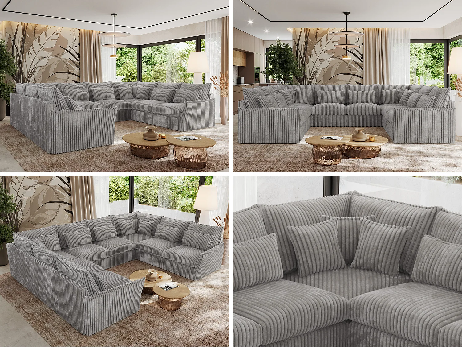 Ecksofa VERSO U8M - modulare U-förmige Ecke mit Armlehnen, Wohnlandschaft, Ecksofa XXL, lose Kissen - Hellgrau Cord