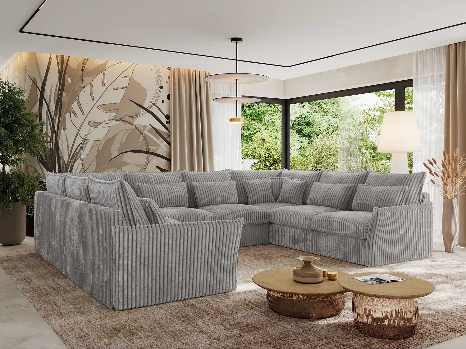 Ecksofa VERSO U8M - modulare U-förmige Ecke mit Armlehnen, Wohnlandschaft, Ecksofa XXL, lose Kissen - Hellgrau Cord