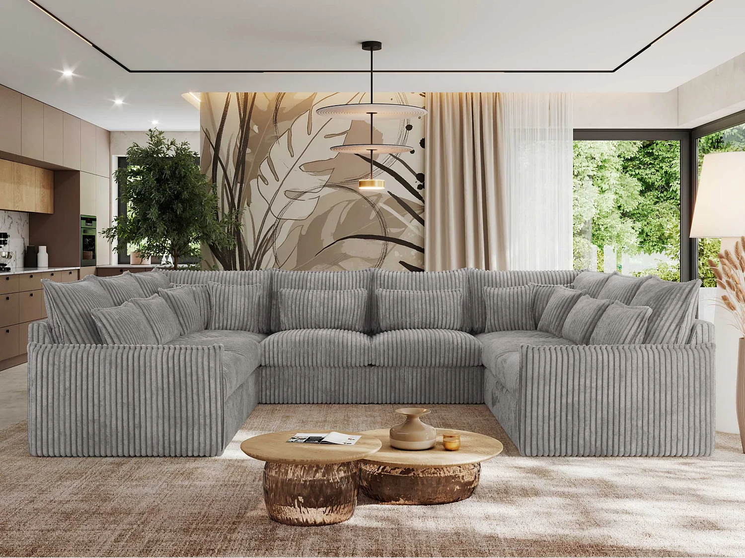 Ecksofa VERSO U8M - modulare U-förmige Ecke mit Armlehnen, Wohnlandschaft, Ecksofa XXL, lose Kissen - Hellgrau Cord