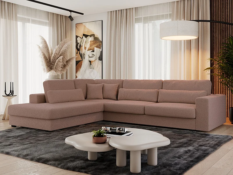Ecksofa SAVONA - mit Armlehnen, lose Kissen, große L-förmige Ecke, Wohnlandschaft - Rosa Boucle - Ecke Links