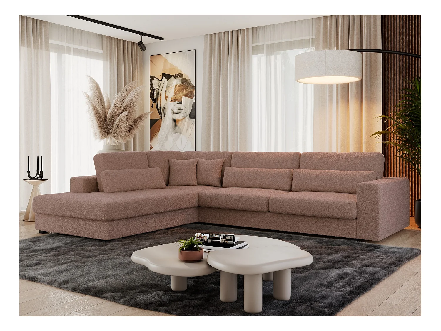 Ecksofa SAVONA - mit Armlehnen, lose Kissen, große L-förmige Ecke, Wohnlandschaft - Rosa Boucle - Ecke Links