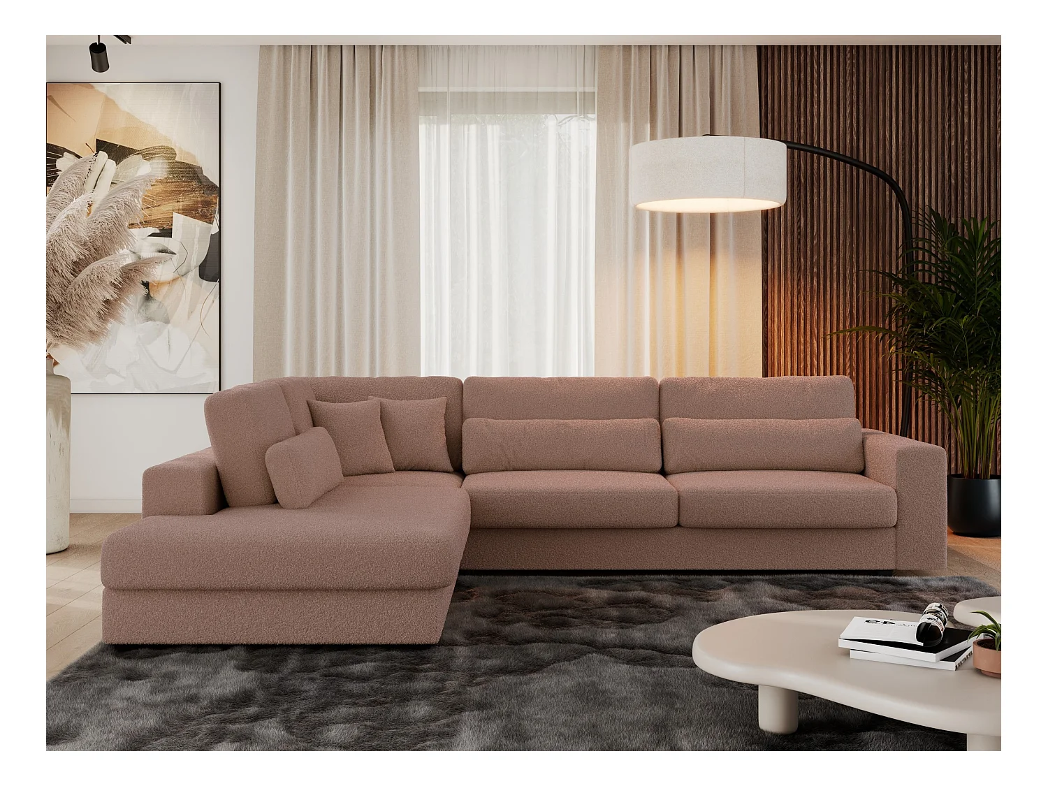 Ecksofa SAVONA - mit Armlehnen, lose Kissen, große L-förmige Ecke, Wohnlandschaft - Rosa Boucle - Ecke Links