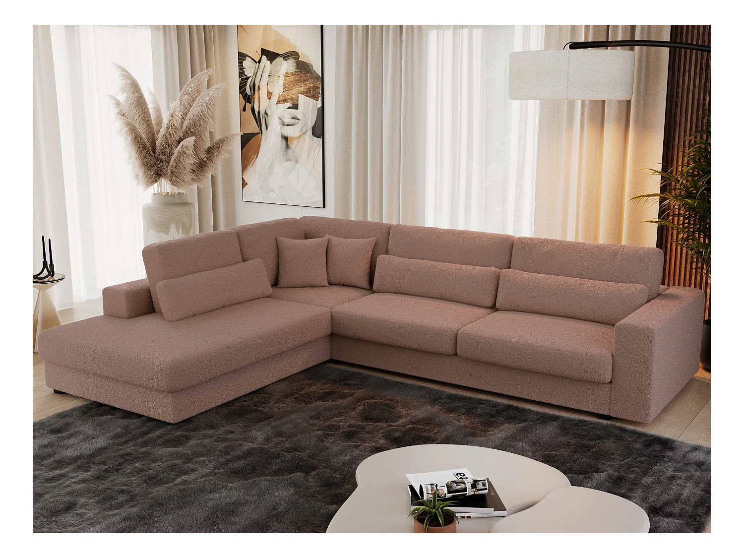 Ecksofa SAVONA - mit Armlehnen, lose Kissen, große L-förmige Ecke, Wohnlandschaft - Rosa Boucle - Ecke Links