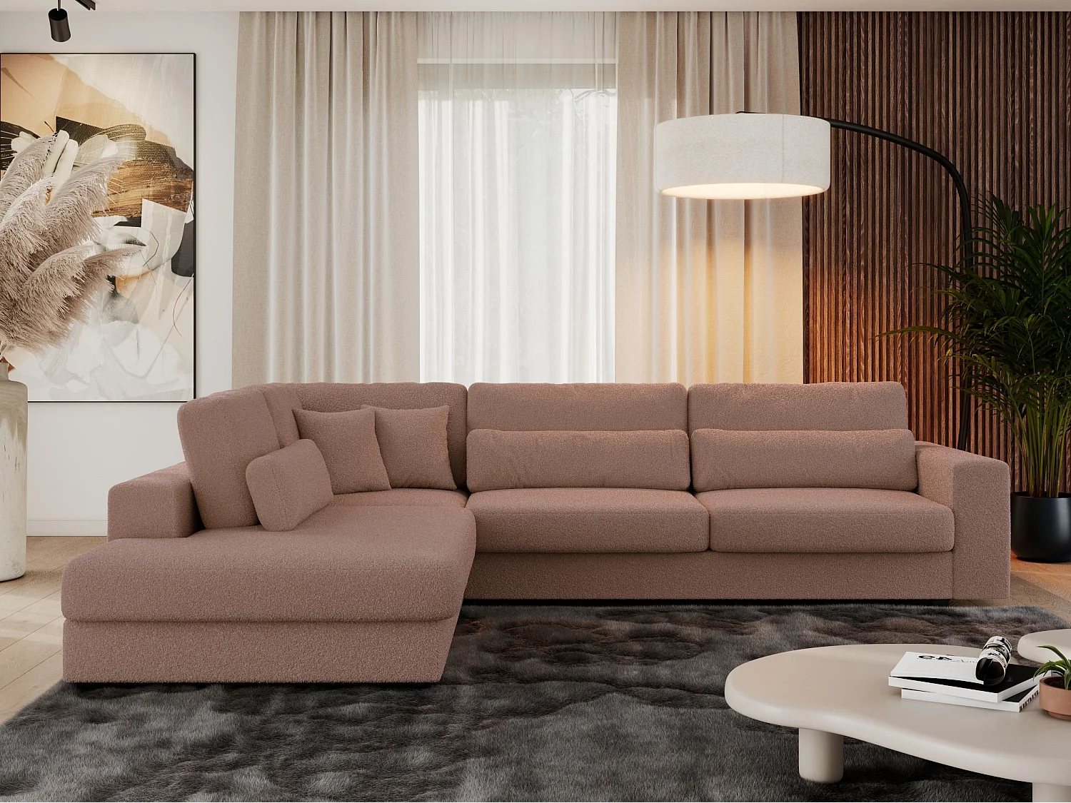 Ecksofa SAVONA - mit Armlehnen, lose Kissen, große L-förmige Ecke, Wohnlandschaft - Rosa Boucle - Ecke Links