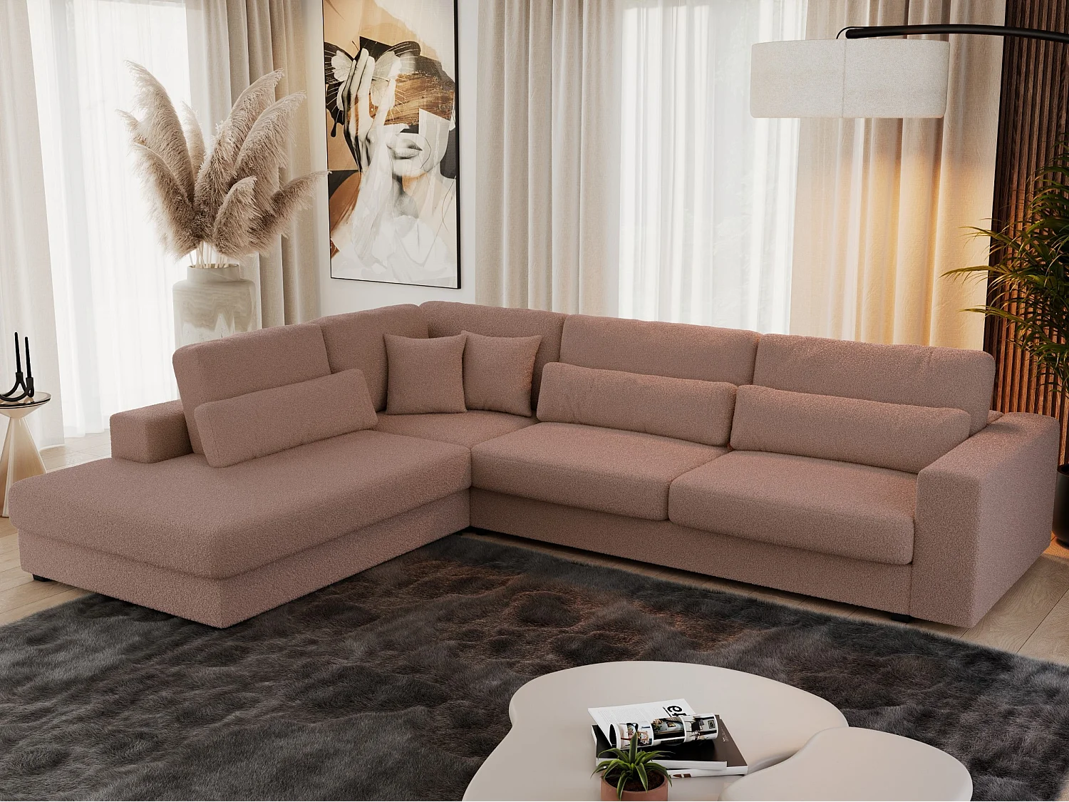 Ecksofa SAVONA - mit Armlehnen, lose Kissen, große L-förmige Ecke, Wohnlandschaft - Rosa Boucle - Ecke Links