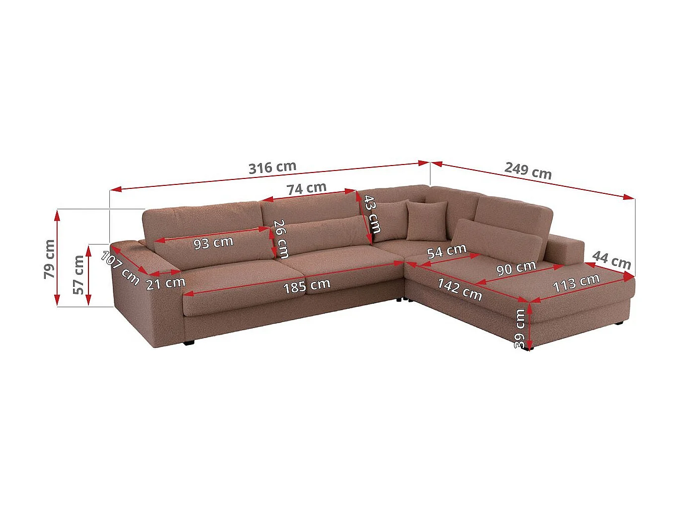 Ecksofa SAVONA - mit Armlehnen, lose Kissen, große L-förmige Ecke, Wohnlandschaft - Rosa Boucle - Ecke Links