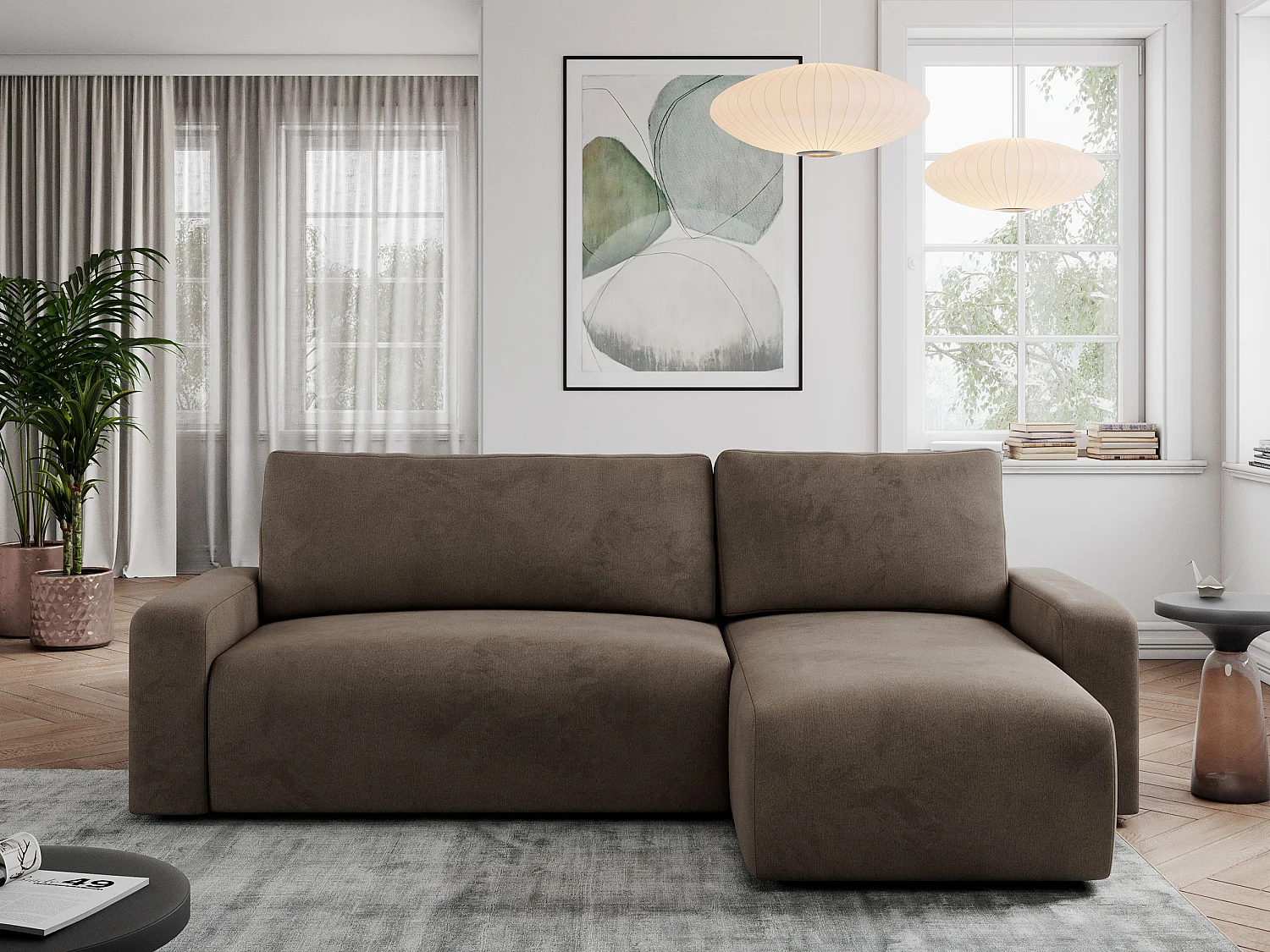 Ecksofa ARGOS - mit Schlaffunktion, Sofa mit armlehnen, Bettkasten, 3-Sitzer Sofa - Braun Velvet
