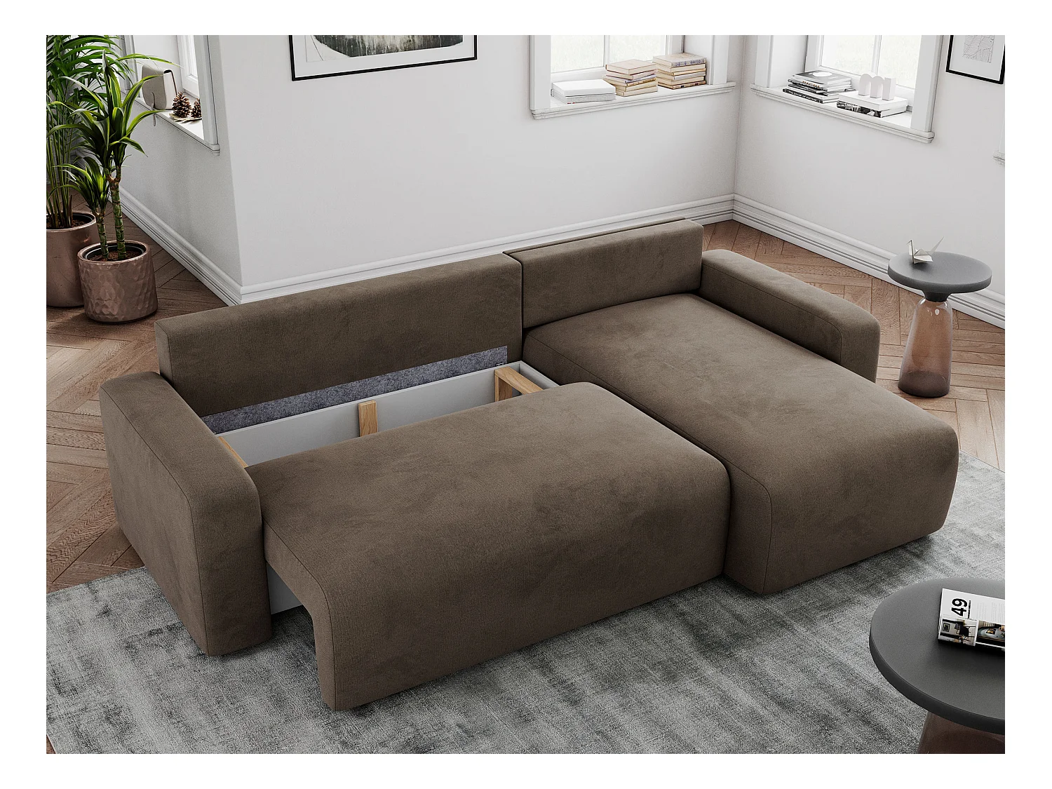 Ecksofa ARGOS - mit Schlaffunktion, Sofa mit armlehnen, Bettkasten, 3-Sitzer Sofa - Braun Velvet
