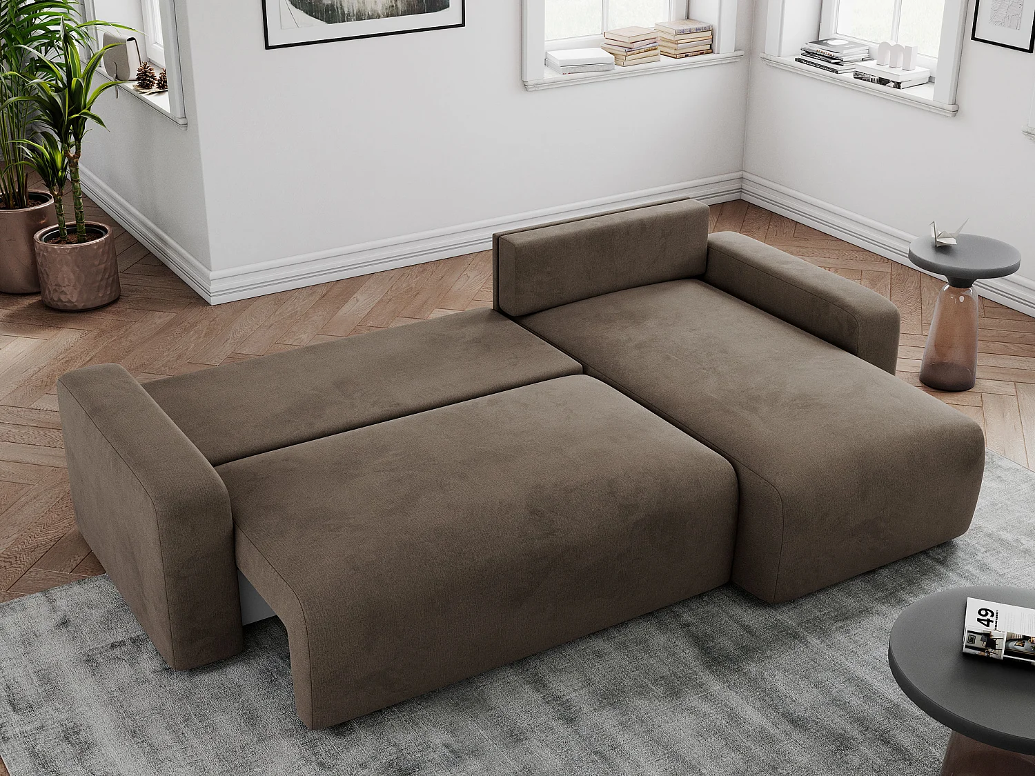 Ecksofa ARGOS - mit Schlaffunktion, Sofa mit armlehnen, Bettkasten, 3-Sitzer Sofa - Braun Velvet