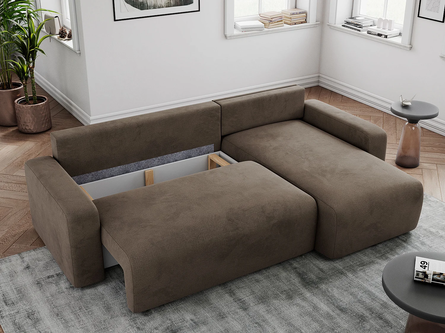 Ecksofa ARGOS - mit Schlaffunktion, Sofa mit armlehnen, Bettkasten, 3-Sitzer Sofa - Braun Velvet