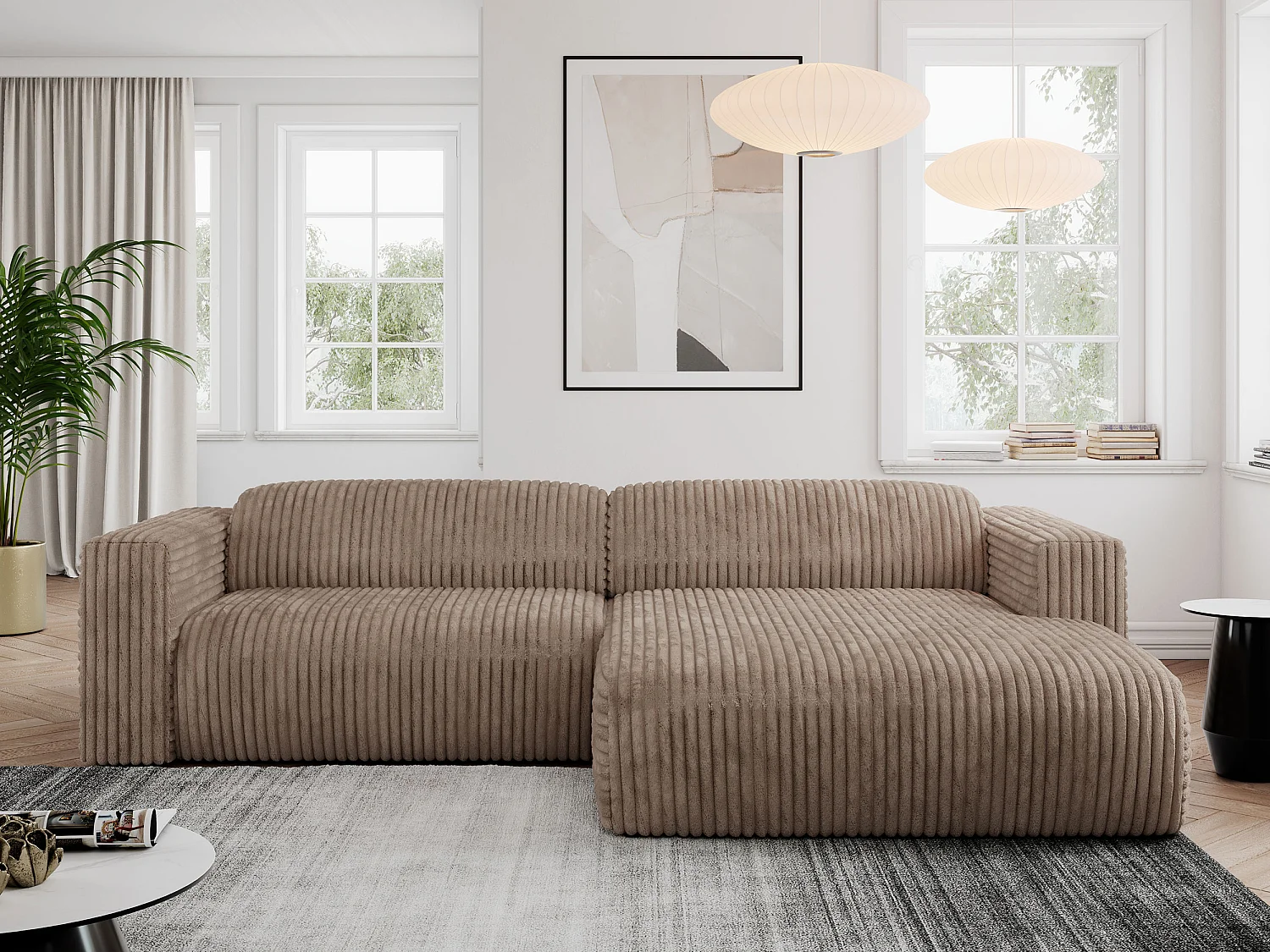 Ecksofa PASADENA - mit Armlehnen, Wohnlandschaft, freistehendes Sofa, große Ecke - Braun Cord - Ecke Rechts