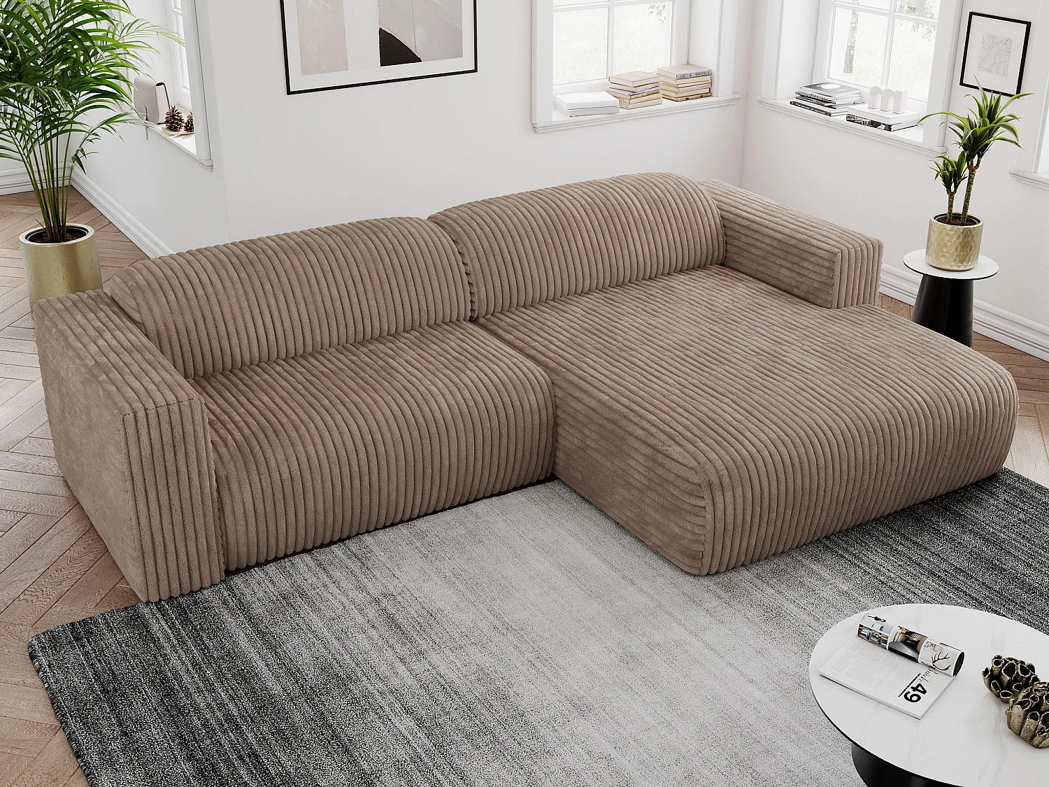 Ecksofa PASADENA - mit Armlehnen, Wohnlandschaft, freistehendes Sofa, große Ecke - Braun Cord - Ecke Rechts