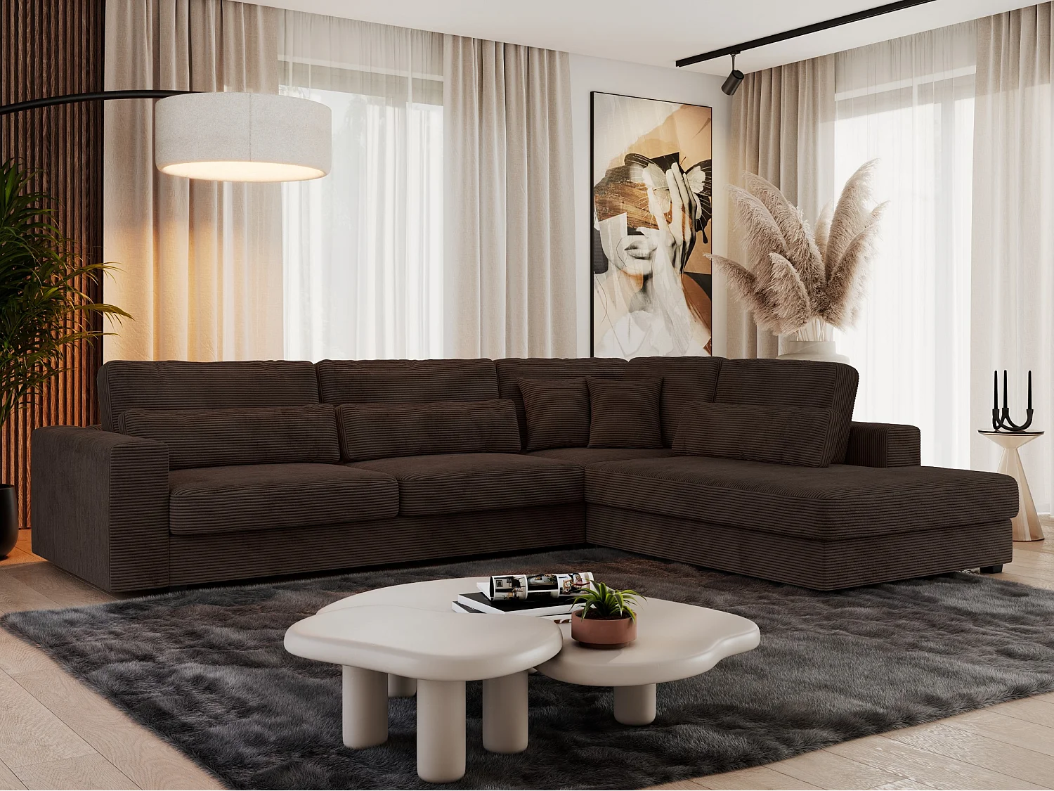 Ecksofa SAVONA - mit Armlehnen, lose Kissen, große L-förmige Ecke, Wohnlandschaft - Braun Cord - Ecke Rechts