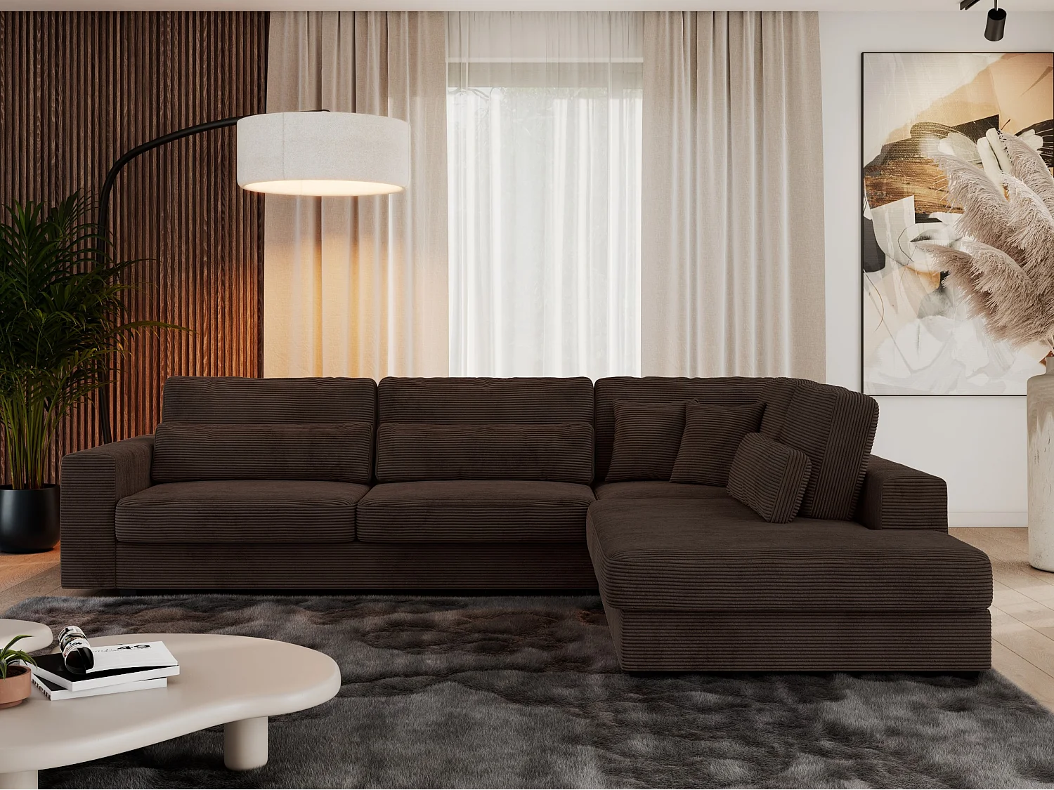 Ecksofa SAVONA - mit Armlehnen, lose Kissen, große L-förmige Ecke, Wohnlandschaft - Braun Cord - Ecke Rechts