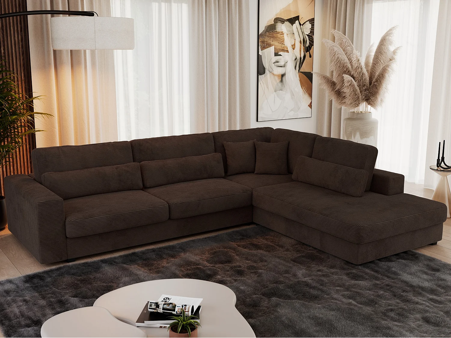 Ecksofa SAVONA - mit Armlehnen, lose Kissen, große L-förmige Ecke, Wohnlandschaft - Braun Cord - Ecke Rechts