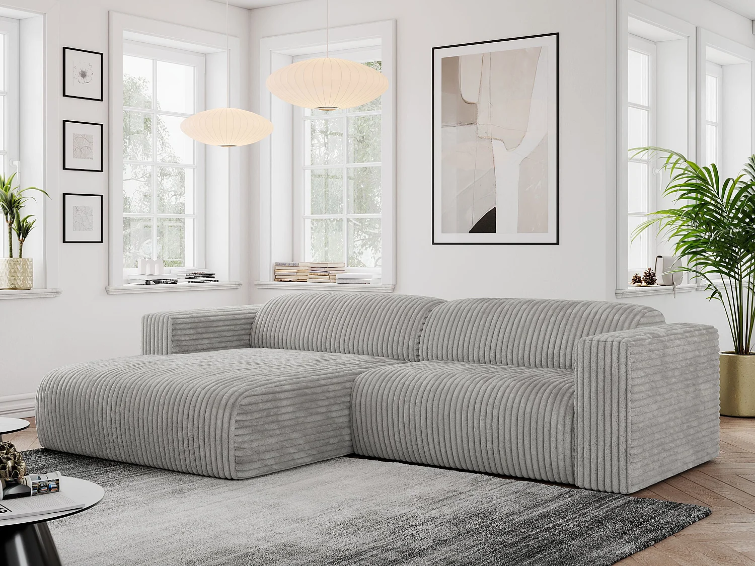 Ecksofa PASADENA - mit Armlehnen, Wohnlandschaft, freistehendes Sofa, große Ecke - Hellgrau Cord - Ecke Links