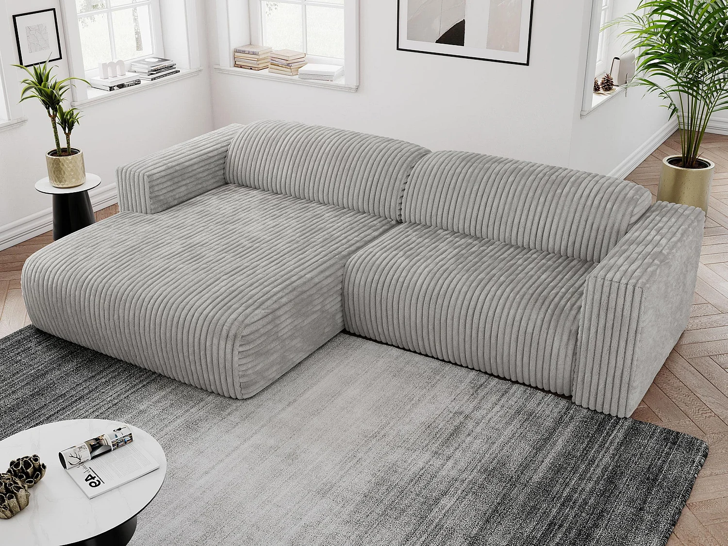 Ecksofa PASADENA - mit Armlehnen, Wohnlandschaft, freistehendes Sofa, große Ecke - Hellgrau Cord - Ecke Links