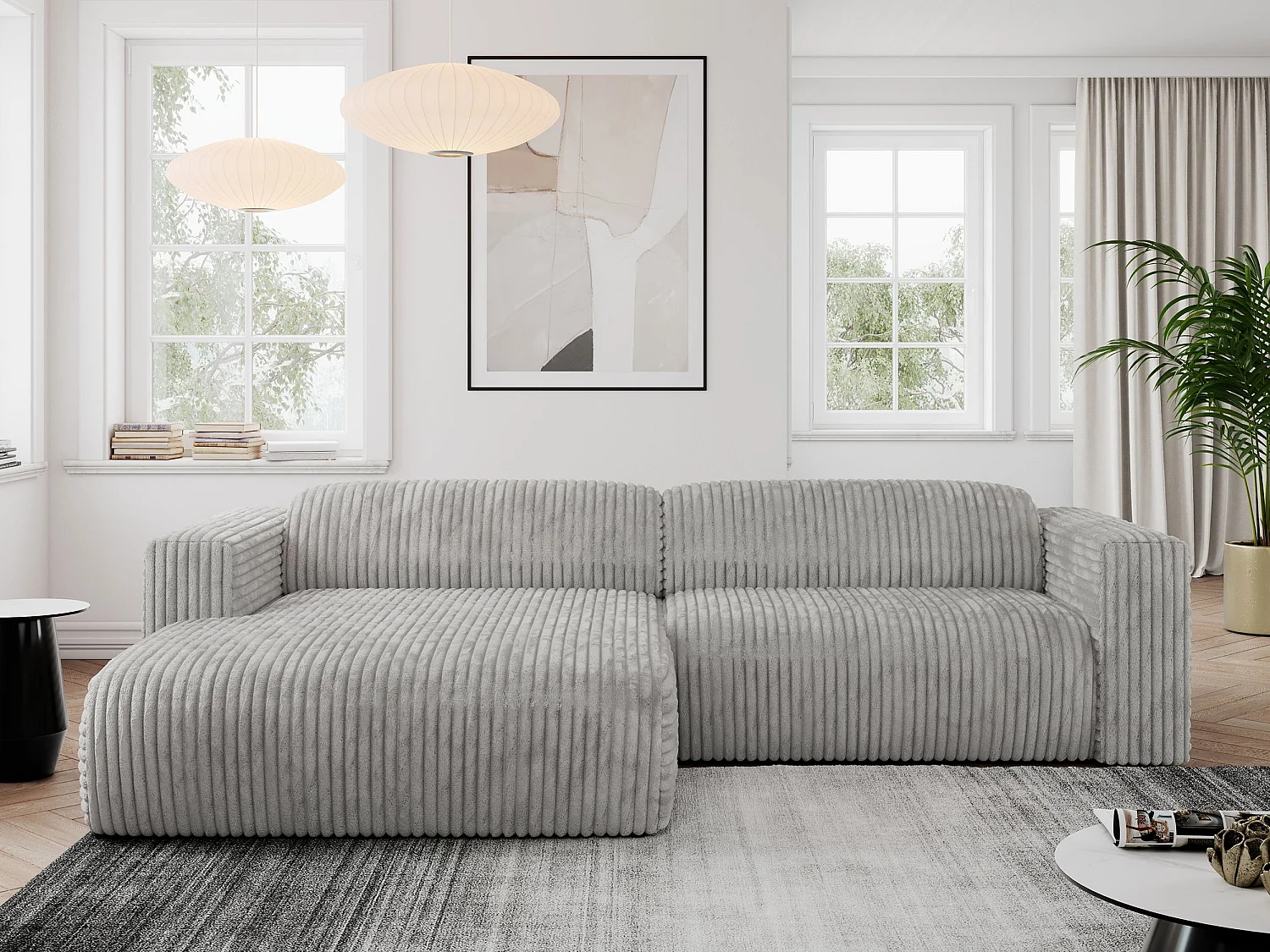 Ecksofa PASADENA - mit Armlehnen, Wohnlandschaft, freistehendes Sofa, große Ecke - Hellgrau Cord - Ecke Links