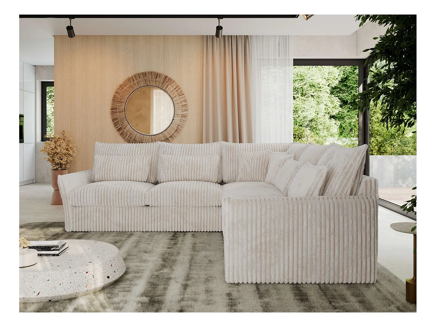 Ecksofa VERSO - modulare L-förmige Ecke, lose Kissen, Wohnlandschaft - Beige Cord