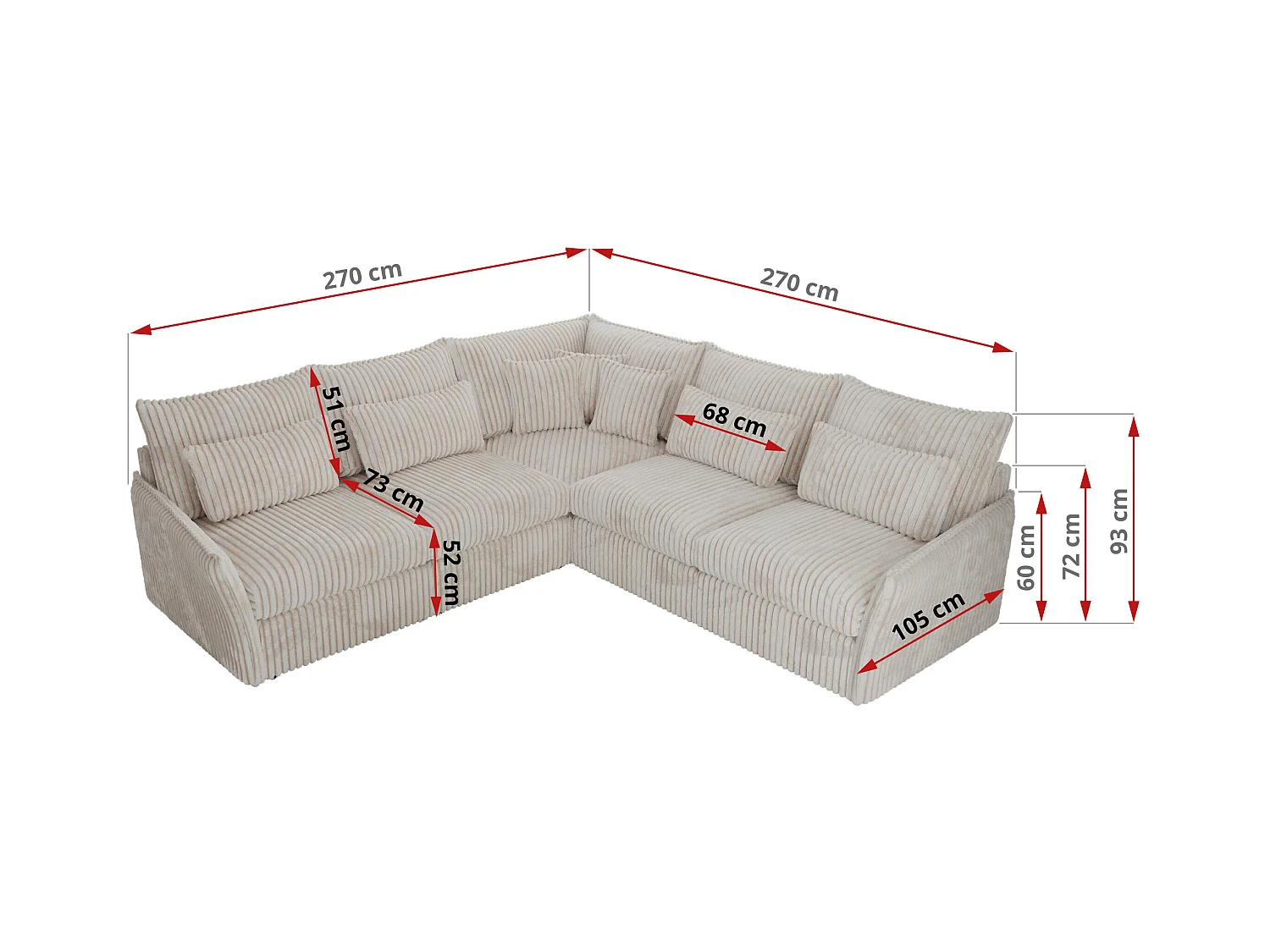 Ecksofa VERSO - modulare L-förmige Ecke, lose Kissen, Wohnlandschaft - Beige Cord