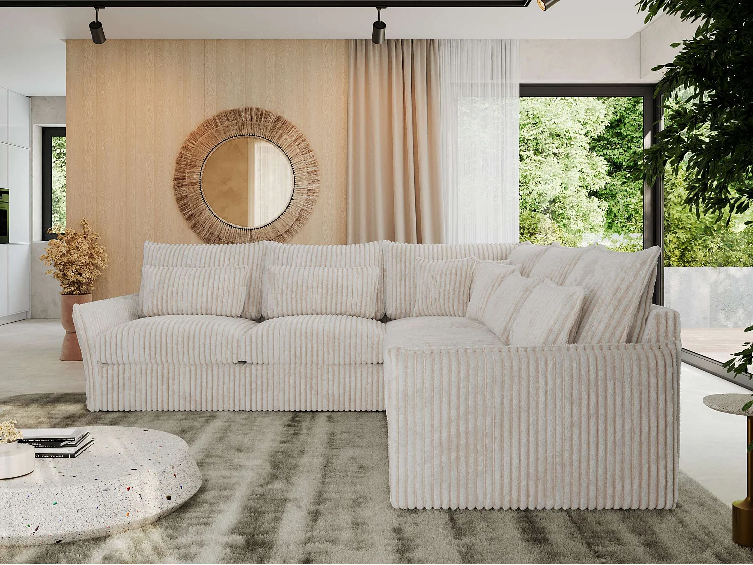 Ecksofa VERSO - modulare L-förmige Ecke, lose Kissen, Wohnlandschaft - Beige Cord