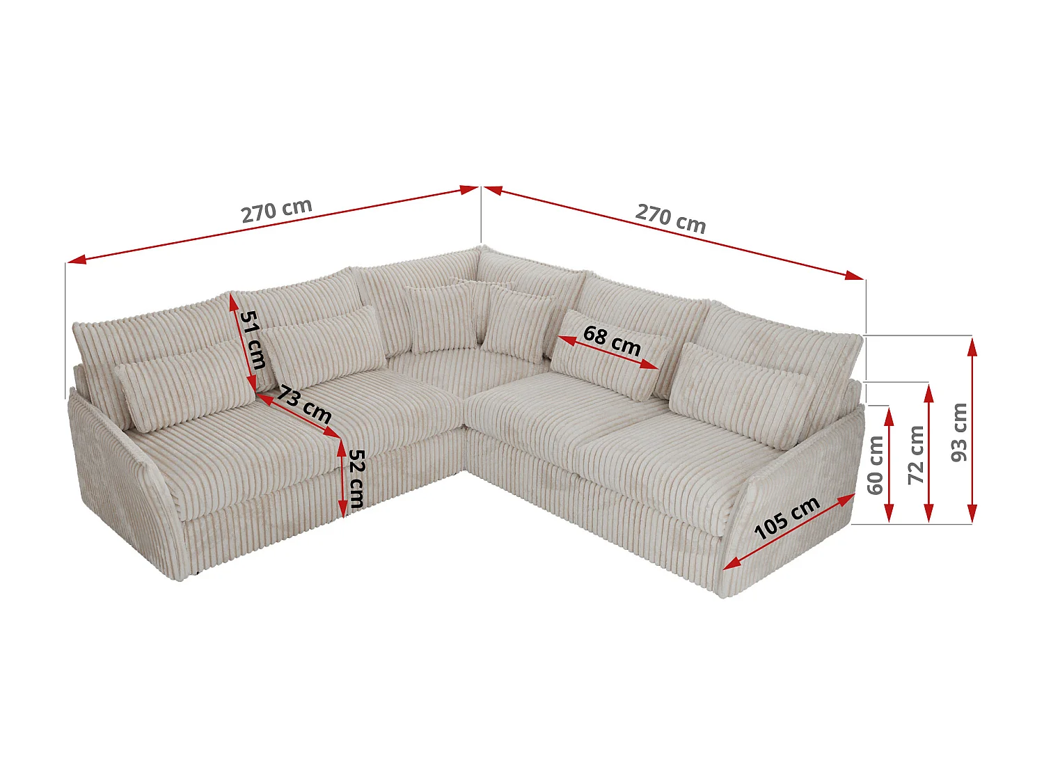 Ecksofa VERSO - modulare L-förmige Ecke, lose Kissen, Wohnlandschaft - Beige Cord