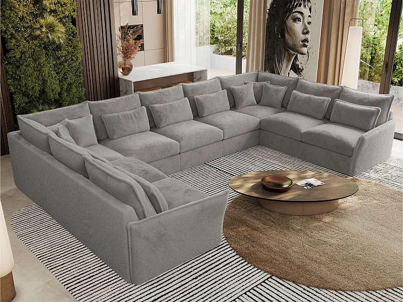 Ecksofa VERSO U9M - XXL Wohnlandschaft Ecke, modulare, Armlehnen und lose Kissen - Hellgrau Plüsch